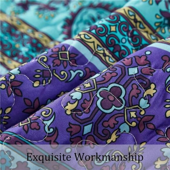 Boho Queen Quilt Set, Blue Purple Bohemian Queen Quilt Bedding - Picture 5 of 7